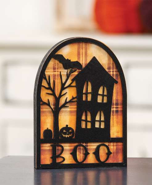 Picture of Boo & Spooky House Silhouette Plaid Background Wooden Sitter