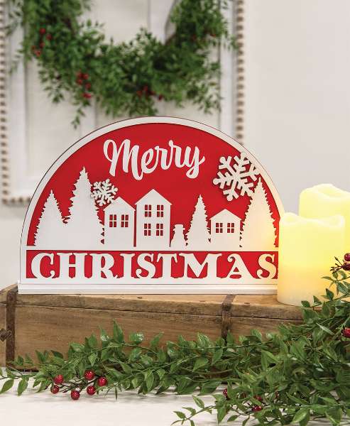 Picture of Sparkle Snowflake Merry Christmas Village Sign on Base