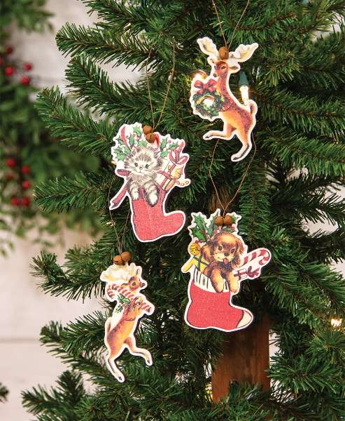 Picture of Retro Look Wooden Puppy, Kitten, & Reindeer Ornaments, 4/Set