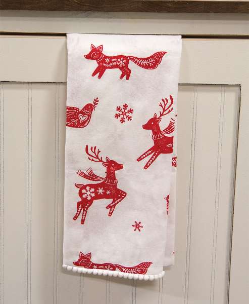 Picture of Yuletide Forest Folklore Dish Towel w/White Pom Poms