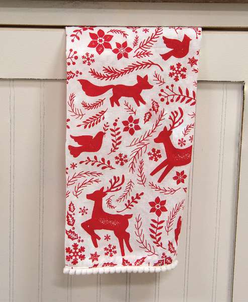 Picture of Yuletide Forest & Floral Folklore Dish Towel w/White Pom Poms