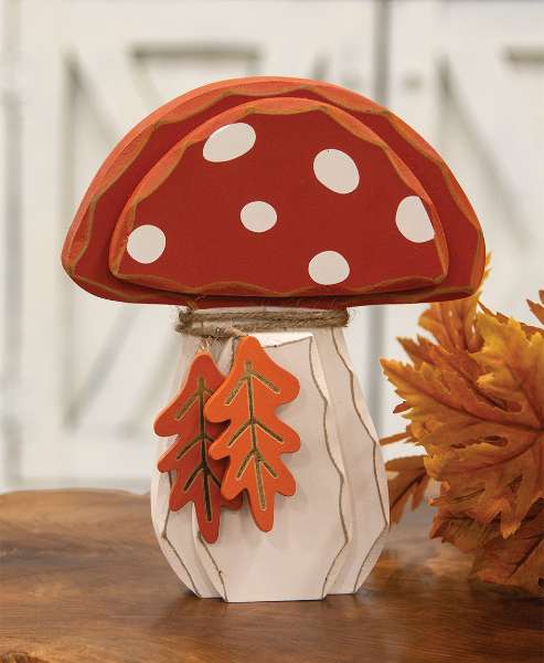 Picture of Distressed Chunky Wooden Mushroom w/Leaves Sitter