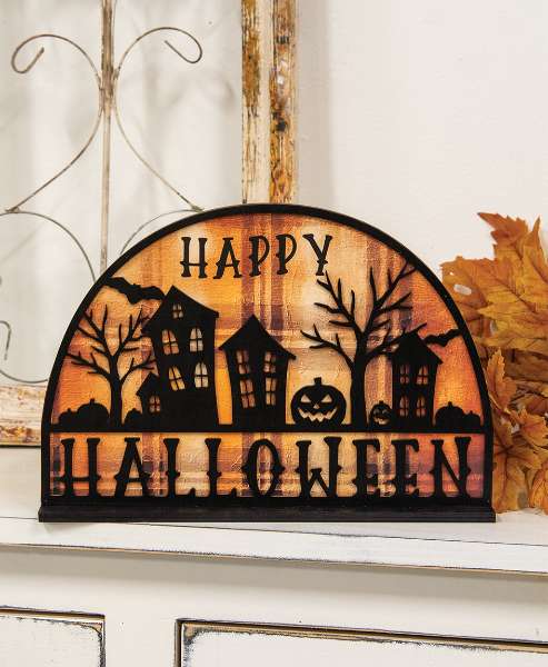 Picture of Happy Halloween Spooky Village Plaid Background Sign on Base