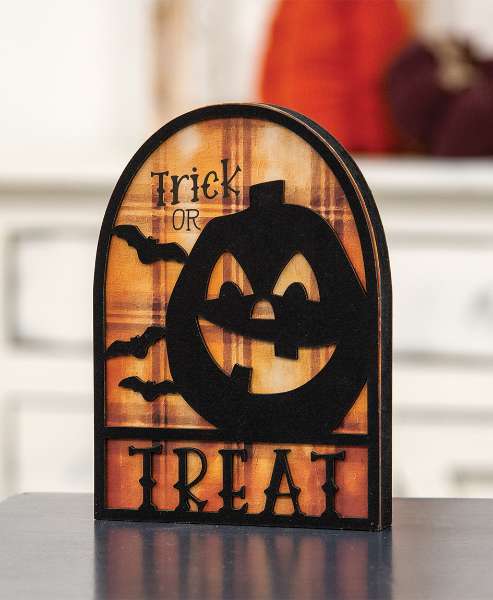 Picture of Trick or Treat Silhouette Plaid Background Wooden Sitter