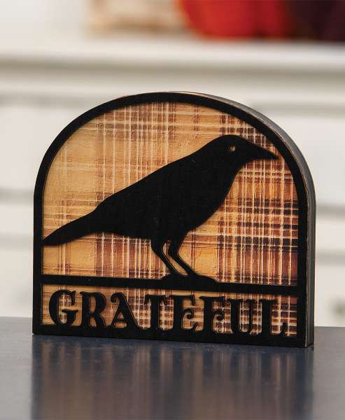 Picture of Grateful Crow Silhouette Plaid Background Wooden Sitter