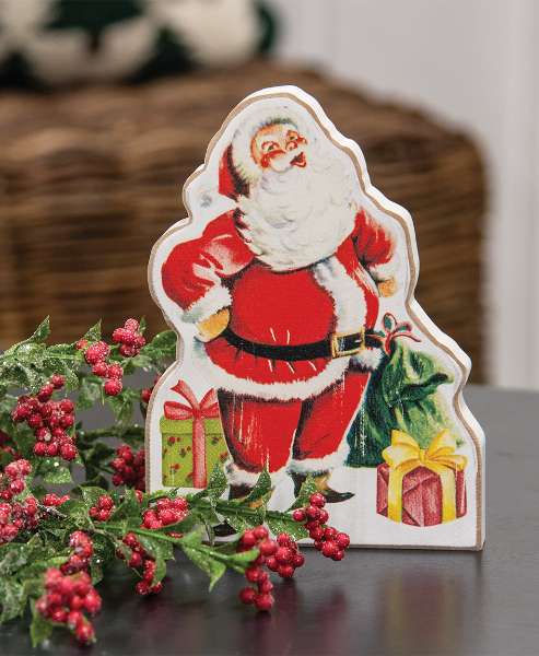 Picture of Distressed Jolly Santa & Presents Wooden Sitter