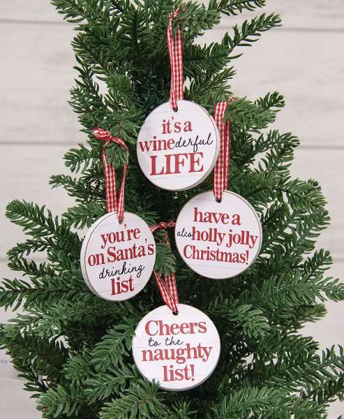 Picture of On Santa's Drinking List Round Ornament w/Ribbon, 4 Asstd.