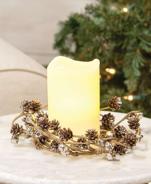 Picture of Icy Pinecone & Sleigh Bells Candle Ring, 4"