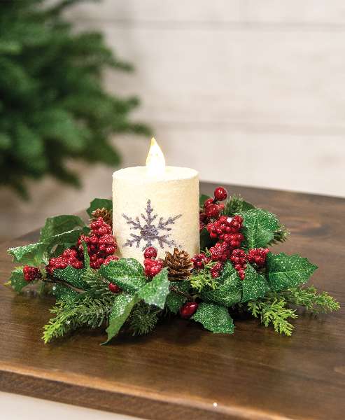 Picture of Shimmering Holly Pine & Berries Candle Ring, 2"