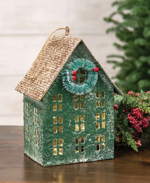 Picture of Distressed Green Metal Winter Birdhouse with Wreath