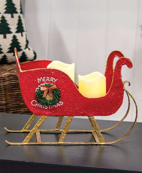 Picture of Distressed Red Metal Merry Christmas Sleigh with Wreath