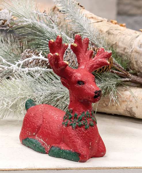 Picture of Distressed Resin Red & Green Deer Sitter