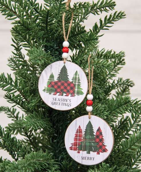 Picture of Season's Greetings Plaid Woodland Round Ornament, 2 Asstd.