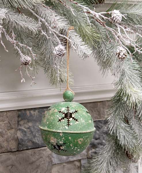 Picture of Gleaming Distressed Green Metal Snowflake Jingle Bell, 5" x 7.25"