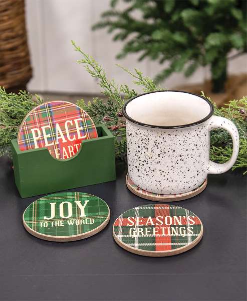 Picture of Wooden Plaid Christmas Coasters with Holder, 5/Set