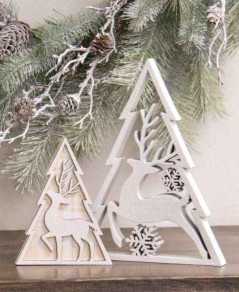 Picture of White Glitter Deer & Christmas Tree Sitters, 2/Set