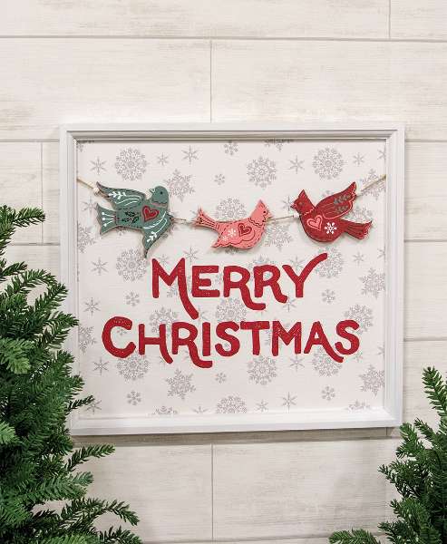 Picture of Yuletide Bird Garland & Snowflakes Merry Christmas Sign, 20"x18"