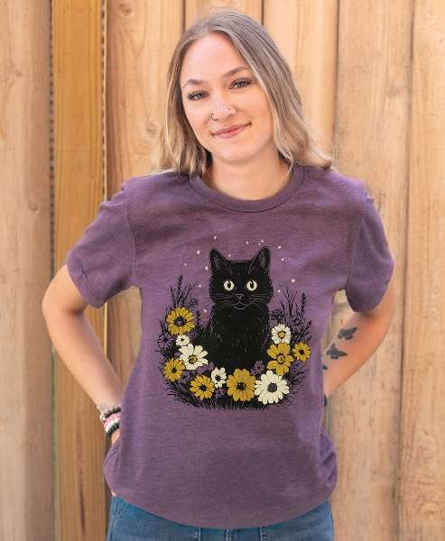 Picture of Floral Black Cat T-Shirt, Heather Purple XXL
