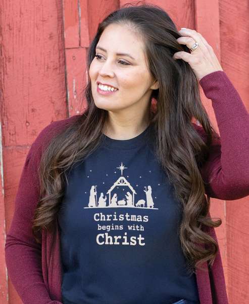 Picture of Christmas Begins With Christ T-Shirt, Heather Navy